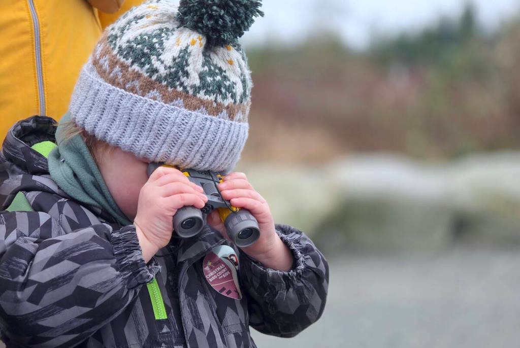 Finn, 3, was using binoculars. It was the 8th annual Christmas Bird Count for Kids (CBC4Kids) at Langley City&rsquo;s Brydon Lagoon on Sunday, Dec. 28, organized by the Langley City-based Explore Science Club. (Dan Ferguson/Langley Advance Times)