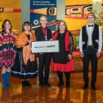 From left, SD54 Indigenous Education Principal Birdy Markert, Indigenous Support Workers Millie Gunanoot and Melanie Morin, and Smithers Secondary School art teacher Perry Rath receive The British Columbia Reconciliation Award. (Contributed photo)