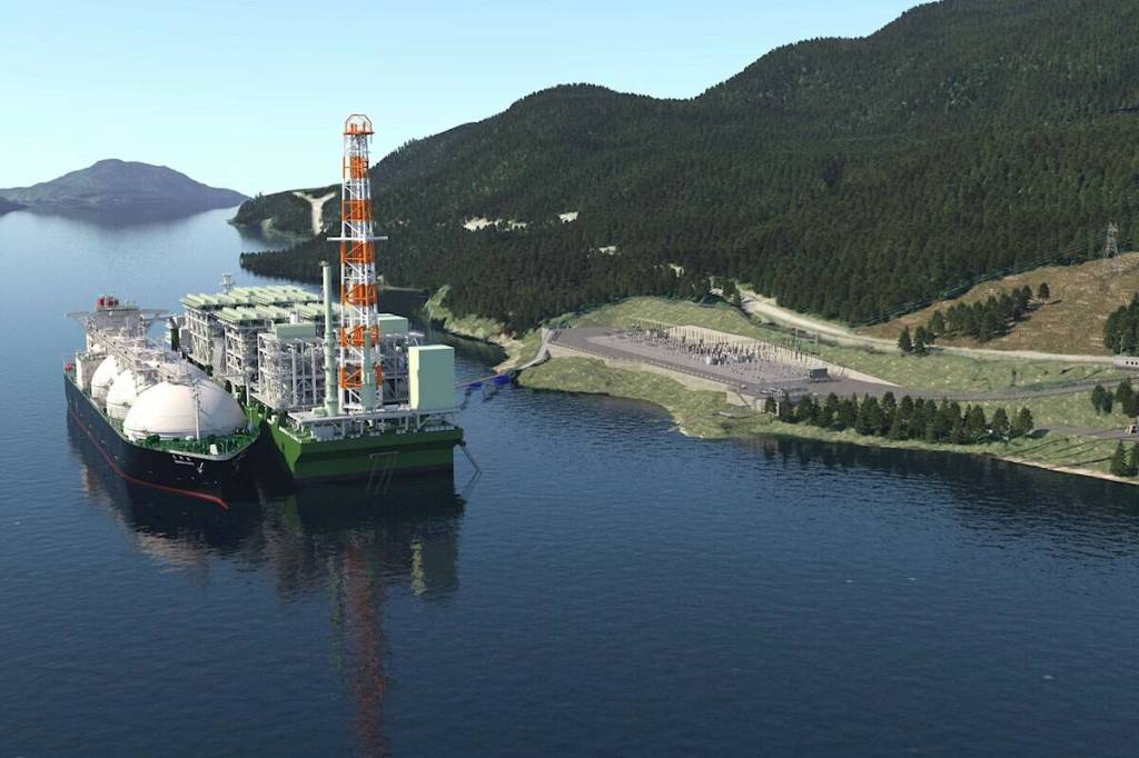 An artist&rsquo;s rendering of the Cedar LNG facility in Kitimat, B.C. Belgium-based EXMAR has been awarded the marine operations and maintenance contract for the project&rsquo;s floating liquefaction unit. (Cedar LNG graphic)